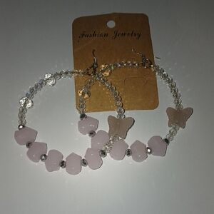 Elegant Pink Butterfly Beaded Hoop Earrings